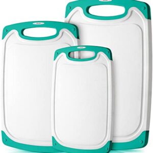 Zulay Kitchen (3-Piece Set) Cutting Boards For Kitchen Dishwasher Safe - Plastic Cutting Board Set - Non Slip Kitchen Cutting Board With Juice Groove - Multiple Sizes (White/Turquoise)