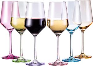 colored crystal wine glass set of 6, large 12 oz glasses, valentines day unique italian style tall stemmed drinkware for red & white wine, water dinner glasses, color beautiful glassware - (stemmed)