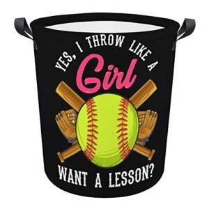 yes i throw like a girl want a lesson softball cool laundry basket hamper bag dirty clothes storage bin waterproof foldable collapsible toy organizer for office bedroom clothes toys gift basket