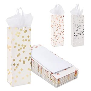 12-pack wine gift bags with ribbon handles and tissue paper for wine bottles, liquor, champagne, sparkling cider, elegant polka dot foil designs (3 colors, 13.8x5x4 in)