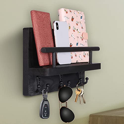 BIGLUFU Key Holder for Wall Key Hooks Rustic, Mail Shelf Organizer Wall Mount, Decorative Wooden Rack with Double Thick Hooks Home Decor for Entryway,Storage, Living Room,Kitchen(1 Pc Black)