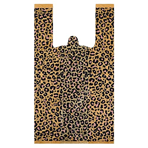 Outus 50 Pieces Leopard Print Plastic T-Shirt Bags Large Leopard Double-Print Treat Bags with Handles for Grocery Shopping Home Using, 5 Mil and 19 x 35 x 12 cm