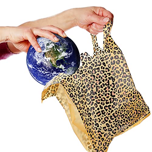 Outus 50 Pieces Leopard Print Plastic T-Shirt Bags Large Leopard Double-Print Treat Bags with Handles for Grocery Shopping Home Using, 5 Mil and 19 x 35 x 12 cm