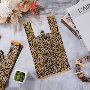 Outus 50 Pieces Leopard Print Plastic T-Shirt Bags Large Leopard Double-Print Treat Bags with Handles for Grocery Shopping Home Using, 5 Mil and 19 x 35 x 12 cm