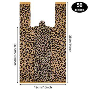 Outus 50 Pieces Leopard Print Plastic T-Shirt Bags Large Leopard Double-Print Treat Bags with Handles for Grocery Shopping Home Using, 5 Mil and 19 x 35 x 12 cm