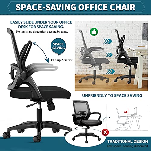 Funria Mid Back Mesh Office Chair Ergonomic Swivel Black Desk Chair Mesh Computer Chair Flip Up Arms with Lumbar Support Adjustable Height Task Chair
