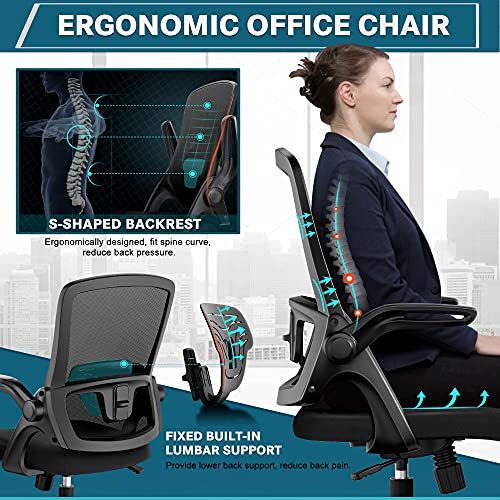 Funria Mid Back Mesh Office Chair Ergonomic Swivel Black Desk Chair Mesh Computer Chair Flip Up Arms with Lumbar Support Adjustable Height Task Chair