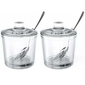 zeayea set of 2 clear glass sugar bowl, 6 ounce seasoning box condiment pots with spoon and lid, sugar spice salt canister for home kitchen, coffee bar, restaurant