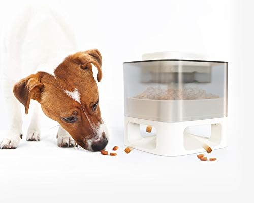 Pet Instant Non-Electric Automatic Dog Fun Food Catapult Dispenser, Square Transparent Visible Granary Slow Feeder for Pets, with Anti-Slip Rubber Pad for Cats Dogs Toys White