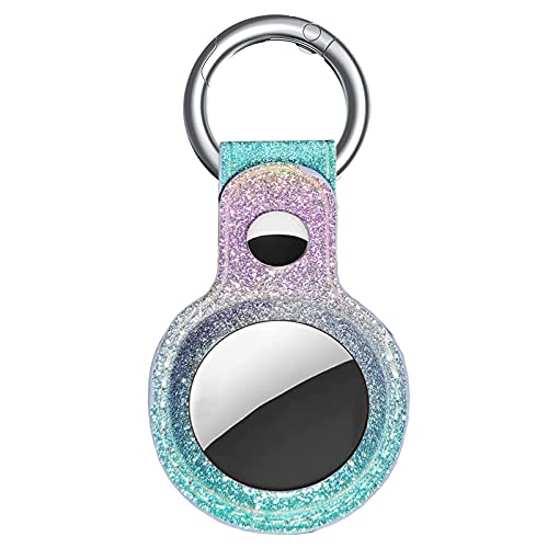 J.west Case Compatible with AirTag Key Finder Phone Finder, Shiny Sparkly Glitter Soft PU Leather Gradient Purple Blue Design Anti-Scratch Protective Skin Cover for Women Girls with Keychain