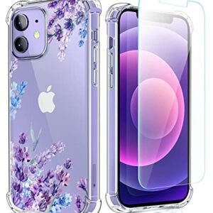 XEEUE Flower Pattern Designed for iPhone 12/12 Pro Case[with Screen Protector], Floral Clear Women Phone Case Shockproof Protective Soft TPU Bumper Cover 6.1 Inch 2020 (Lavender/Purple)