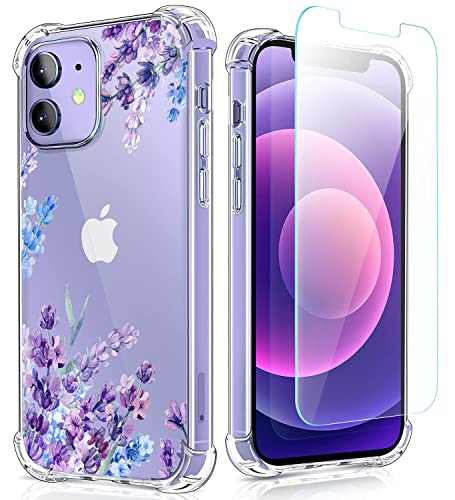 XEEUE Flower Pattern Designed for iPhone 12/12 Pro Case[with Screen Protector], Floral Clear Women Phone Case Shockproof Protective Soft TPU Bumper Cover 6.1 Inch 2020 (Lavender/Purple)