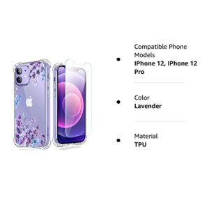 XEEUE Flower Pattern Designed for iPhone 12/12 Pro Case[with Screen Protector], Floral Clear Women Phone Case Shockproof Protective Soft TPU Bumper Cover 6.1 Inch 2020 (Lavender/Purple)