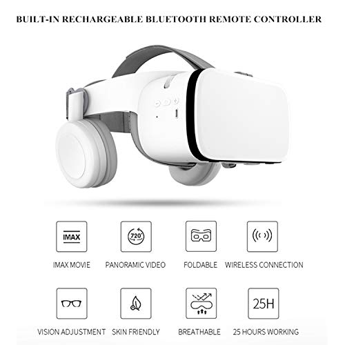 3D VR Virtual Reality Headset, VR Glasses Goggles w/ Bluetooth Headphone [Newest] for iPhone 12 11 Pro Max Mini X R S 8 7 Samsung Galaxy S10 S9 S8 S7 Edge Note/A 10 9 8 + etc 4.7-6.2" Cellphone, White