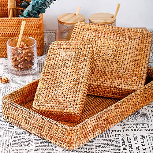 Hovico Handmade Rectangle Rattan Serving Tray for Bread Fruit, for Coffee Table Fruit Drinks Snack Bathroom Platter Kitchen Countertop Ottomans Style