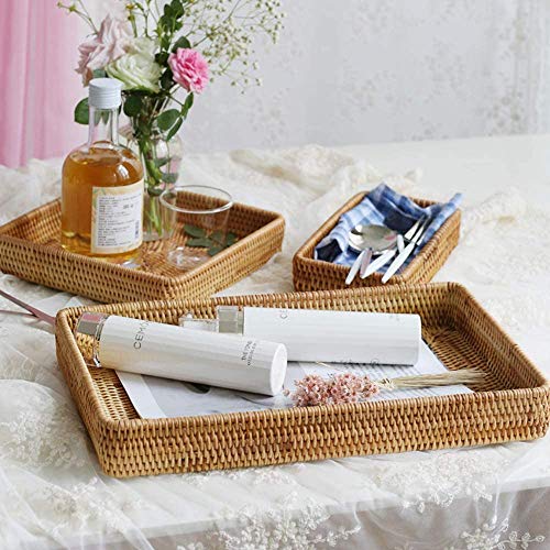 Hovico Handmade Rectangle Rattan Serving Tray for Bread Fruit, for Coffee Table Fruit Drinks Snack Bathroom Platter Kitchen Countertop Ottomans Style