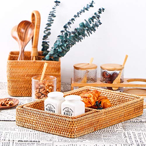 Hovico Handmade Rectangle Rattan Serving Tray for Bread Fruit, for Coffee Table Fruit Drinks Snack Bathroom Platter Kitchen Countertop Ottomans Style