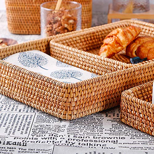 Hovico Handmade Rectangle Rattan Serving Tray for Bread Fruit, for Coffee Table Fruit Drinks Snack Bathroom Platter Kitchen Countertop Ottomans Style