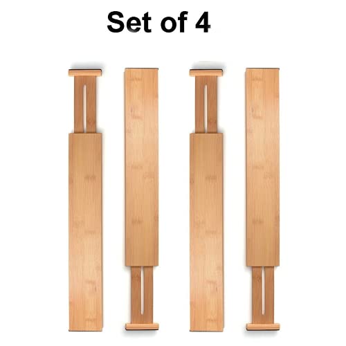 Bamboo Drawer Dividers Set of 4, Adjustable Drawer Organizers for Kitchen, Bedroom, Bathroom, Dresser & Office (13"-17")