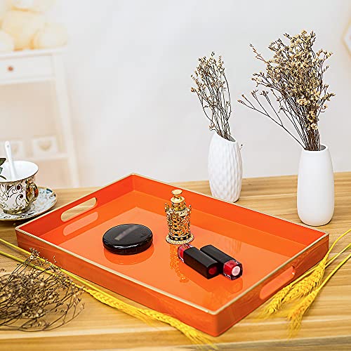 MAONAME Orange Serving Tray with Handles, Modern Decorative Tray for Coffee Table, Plastic Rectangular Tray for Ottoman, Bathroom, Halloween Decor, 15.75” x 10.2” x1.57