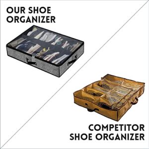 Luxeroots Design Under Bed Shoe Storage Organizer-set of 2 Fits Total 24 Pairs Shoe Organizer Under The Bed Containers Storage Solution With Clear Cover Reinforced Handles and Strong Zipper. UTBSO-0001, Black