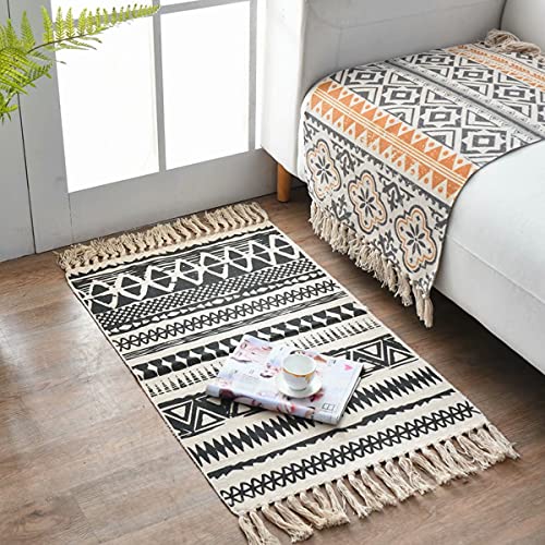 HLOVME Woven Cotton Boho Area Rug with Tassel 2' x 3' Washable Indoor/Outdoor Rugs for Living Room Bedroom Kitchen Hallways Floor