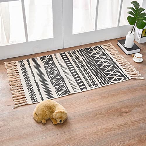 HLOVME Woven Cotton Boho Area Rug with Tassel 2' x 3' Washable Indoor/Outdoor Rugs for Living Room Bedroom Kitchen Hallways Floor