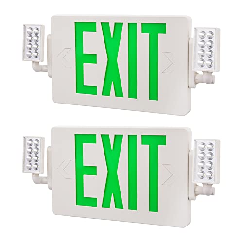 EXITLUX 2 PACK LED Green Emergency Exit Sign Lighting Combo with Battery Backup&Adjustable Two Head-US Standard UL Listed -Hardwired-Operated Powered Exit Sign for Room,Street,Window.Stairs.