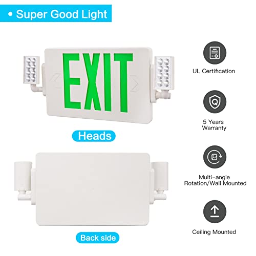 EXITLUX 2 PACK LED Green Emergency Exit Sign Lighting Combo with Battery Backup&Adjustable Two Head-US Standard UL Listed -Hardwired-Operated Powered Exit Sign for Room,Street,Window.Stairs.