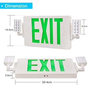 EXITLUX 2 PACK LED Green Emergency Exit Sign Lighting Combo with Battery Backup&Adjustable Two Head-US Standard UL Listed -Hardwired-Operated Powered Exit Sign for Room,Street,Window.Stairs.