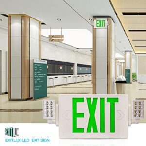 EXITLUX 2 PACK LED Green Emergency Exit Sign Lighting Combo with Battery Backup&Adjustable Two Head-US Standard UL Listed -Hardwired-Operated Powered Exit Sign for Room,Street,Window.Stairs.