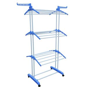 gdrasuya10 66" blue folding dryer hanger with casters, 3-layer portable stand towel rack clothes drying rack for outdoor or indoor (blue)