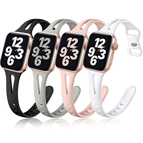 Getino Compatible with Apple Watch Band 40mm 38mm 41mm iWatch Series 8 7 6 5 4 3 2 1 SE for Women Men, Stylish Durable Soft Silicone Slim Sport Watch Bands, 4 Pack, Black/Pebble Gray/Pink Sand/White