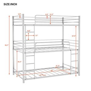 P PURLOVE Metal Triple Bunk Bed for Kids Teens,Twin Over Twin Bunk Bed with Ladder and Safety Guardrail, 3 Bunk Bed for Living Room, Slat Included, No Box Spring Need