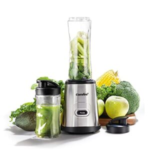 comfee' compact personal blender, with tritan bpa-free 20 oz and 10 oz travel cups with lids, for shakes, frozen drinks, smoothies, food prep, 300-watt base, stainless steel