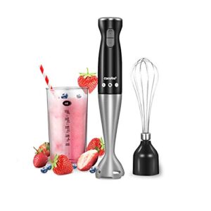 comfee' immersion hand blender, brushed stainless steel, 2-speed, multipurpose stick blender with 200 watts, 600ml mixing beaker and whisk, perfect for baby food, smoothies, sauces and soups, black