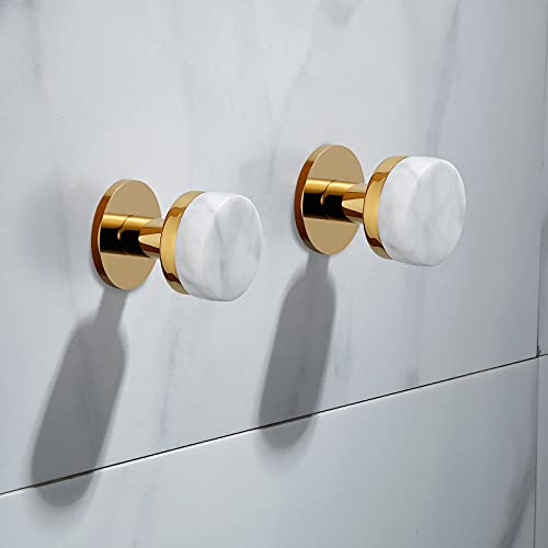 ZAHCHIS Golden Brass Hook Natural Marble Porch The Bathroom Towel Hook Adhesive Wall Hook Golden Hooks for Hanging Contracted (Free of Punch)