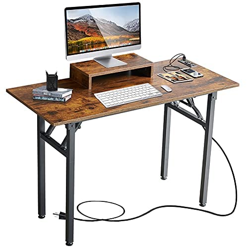 TEMI 43.3'' Computer Desk with Power Outlet and Monitor Riser Included, Home Office Writing Study Desk, Small Desk Workstation, Stable Metal Frame, Rustic Brown