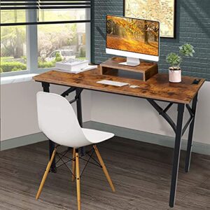 TEMI 43.3'' Computer Desk with Power Outlet and Monitor Riser Included, Home Office Writing Study Desk, Small Desk Workstation, Stable Metal Frame, Rustic Brown