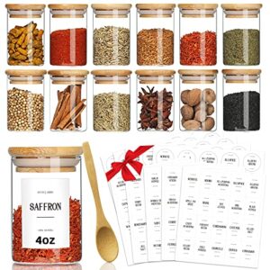 gmisun spice jars with bamboo lids, 4oz glass spice bottles with preprinted spice labels, 12pcs empty round spice containers with wood airtight lids, farmhouse minimalist food jars for kitchen, pantry