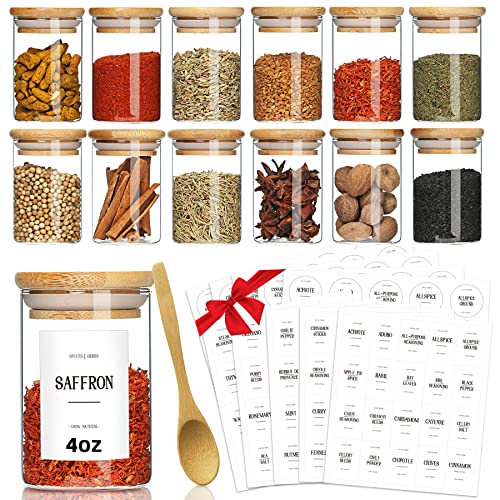 GMISUN Spice Jars with Bamboo Lids, 4oz Glass Spice Bottles with Preprinted Spice Labels, 12Pcs Empty Round Spice Containers with Wood Airtight Lids, Farmhouse Minimalist Food Jars for Kitchen, Pantry