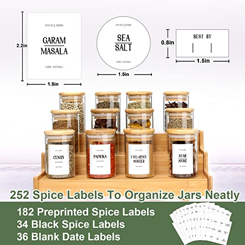 GMISUN Spice Jars with Bamboo Lids, 4oz Glass Spice Bottles with Preprinted Spice Labels, 12Pcs Empty Round Spice Containers with Wood Airtight Lids, Farmhouse Minimalist Food Jars for Kitchen, Pantry