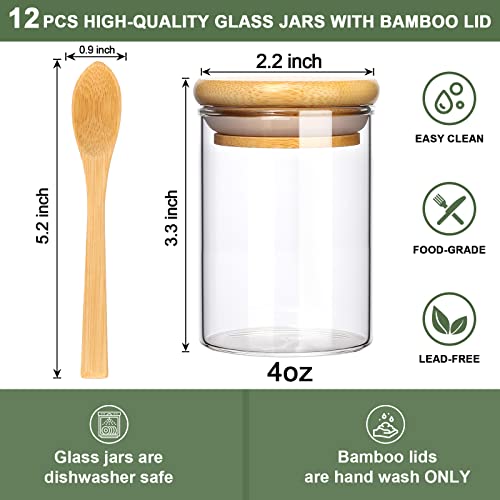 GMISUN Spice Jars with Bamboo Lids, 4oz Glass Spice Bottles with Preprinted Spice Labels, 12Pcs Empty Round Spice Containers with Wood Airtight Lids, Farmhouse Minimalist Food Jars for Kitchen, Pantry