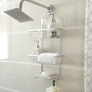 pure bath rust resistant 3 tier metal hanging shower head storage caddy organizer, silver chrome