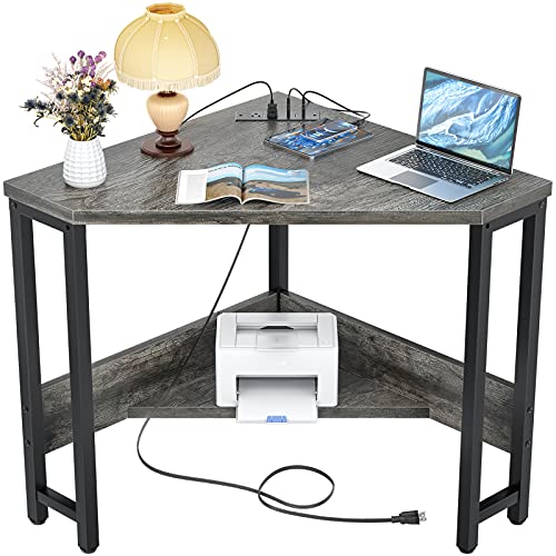 armocity Corner Desk Small Desk with Outlets Corner Table for Small Space, Corner Computer Desk with USB Ports Triangle Desk with Storage for Home Office, Workstation, Living Room, Bedroom, Oak