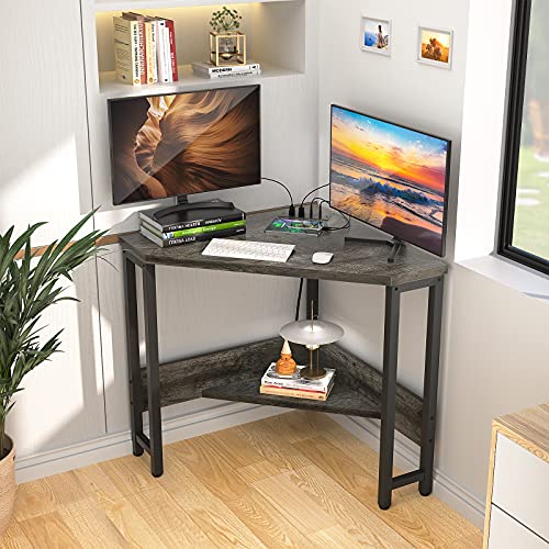 armocity Corner Desk Small Desk with Outlets Corner Table for Small Space, Corner Computer Desk with USB Ports Triangle Desk with Storage for Home Office, Workstation, Living Room, Bedroom, Oak