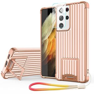 ptuoniu kickstand case for samsung galaxy s21 ultra, [two-way stand] [reinforced drop protection] [anti-scratch] slim shockproof stand case with camera protector+strap for samsung s21 ultra-rose gold