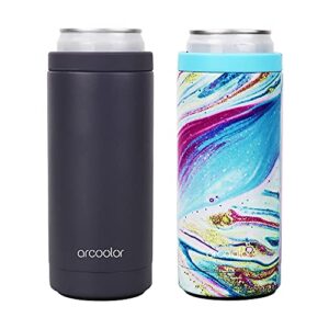 arcoolor skinny can cooler for slim beer& hard seltzer, stainless steel 12oz koozy sleeve, double wall vacuum insulated drink holder (grey&colourful-2, 2 pack)