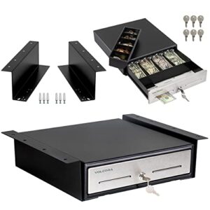 cash register drawer with under counter mounting bracket - 13" black cash drawer for pos, stainless steel front 4 bill 5 coin cash tray, removable coin tray, 24v rj11/rj12 key-lock, 2 media slots