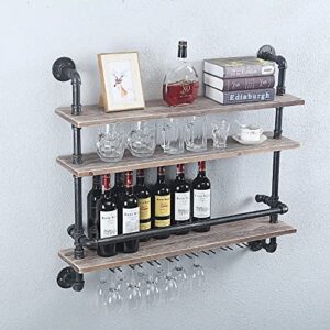 suliang industrial hanging wine glass rack wall mounted,36in pipe shelf wine rack with 9 glass holder,rustic wine glass holder stemware racks,pipe shelving wood shelves floating wine glass shelf